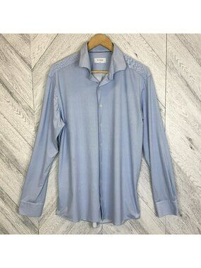 Eton Performance Stretch Dress Shirt Mens Size 44 Slim 17.5 Blue Herringbone